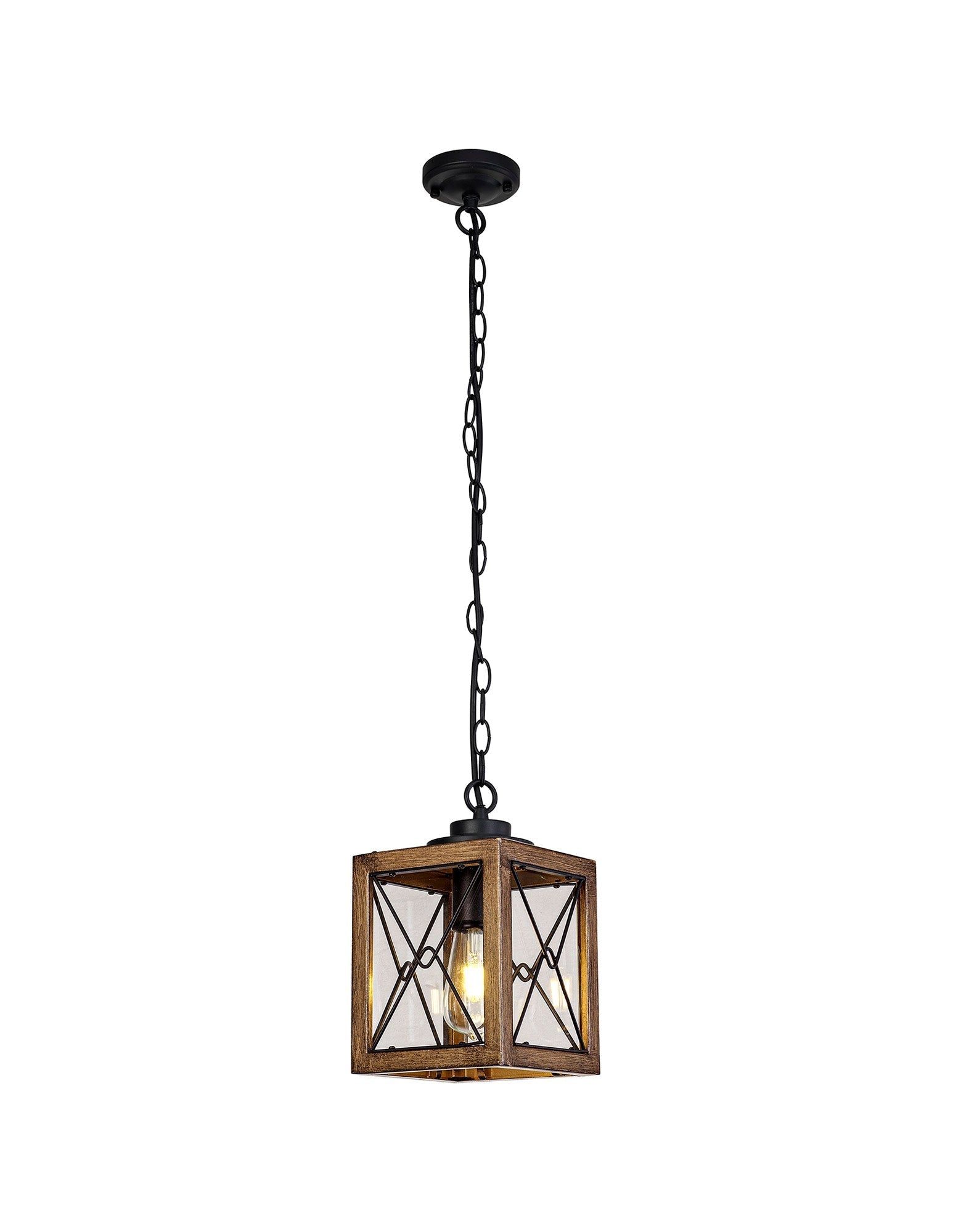 Beait Pendant, 1 x E27, Wood Effect & Black/Clear Glass, IP54, 2yrs Warranty