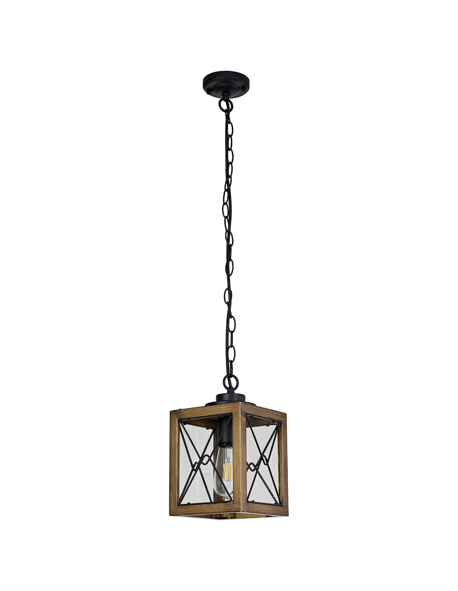 Beait Pendant, 1 x E27, Wood Effect & Black/Clear Glass, IP54, 2yrs Warranty