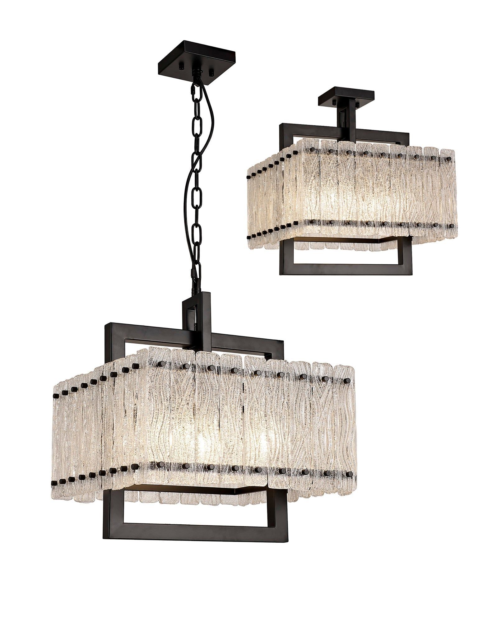Vimonia Large Square Pendant, 5 Light E27, Matt Black/Crystal Sand Glass