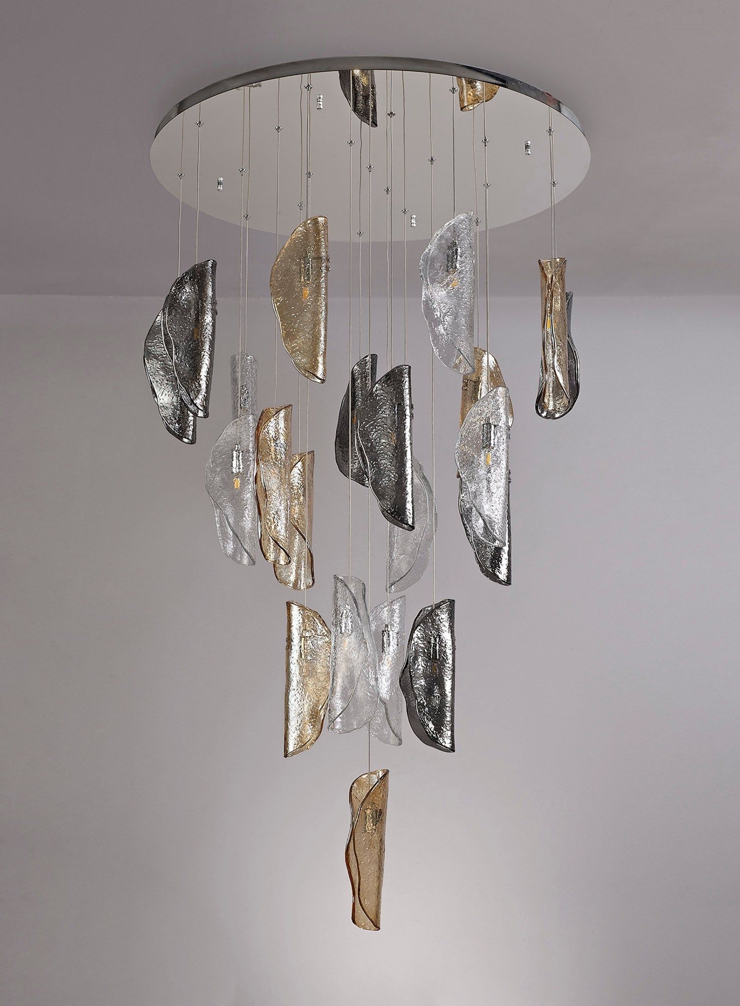 Syros Pendant 5m, 21 x G9, Polished Chrome/Clear & Amber & Smoked Glass Item Weight: 28.1kg