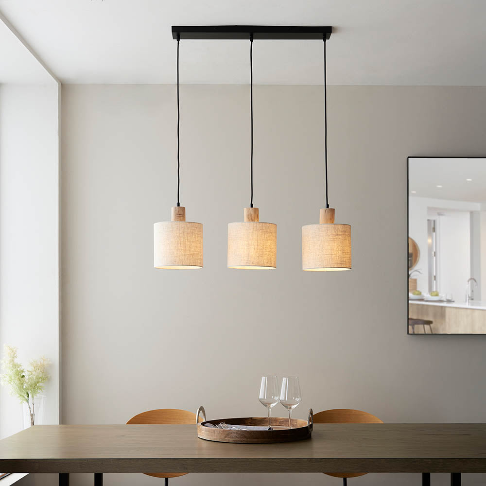 Durban 3lt Linear Pendant - Natural Linen & Wood
