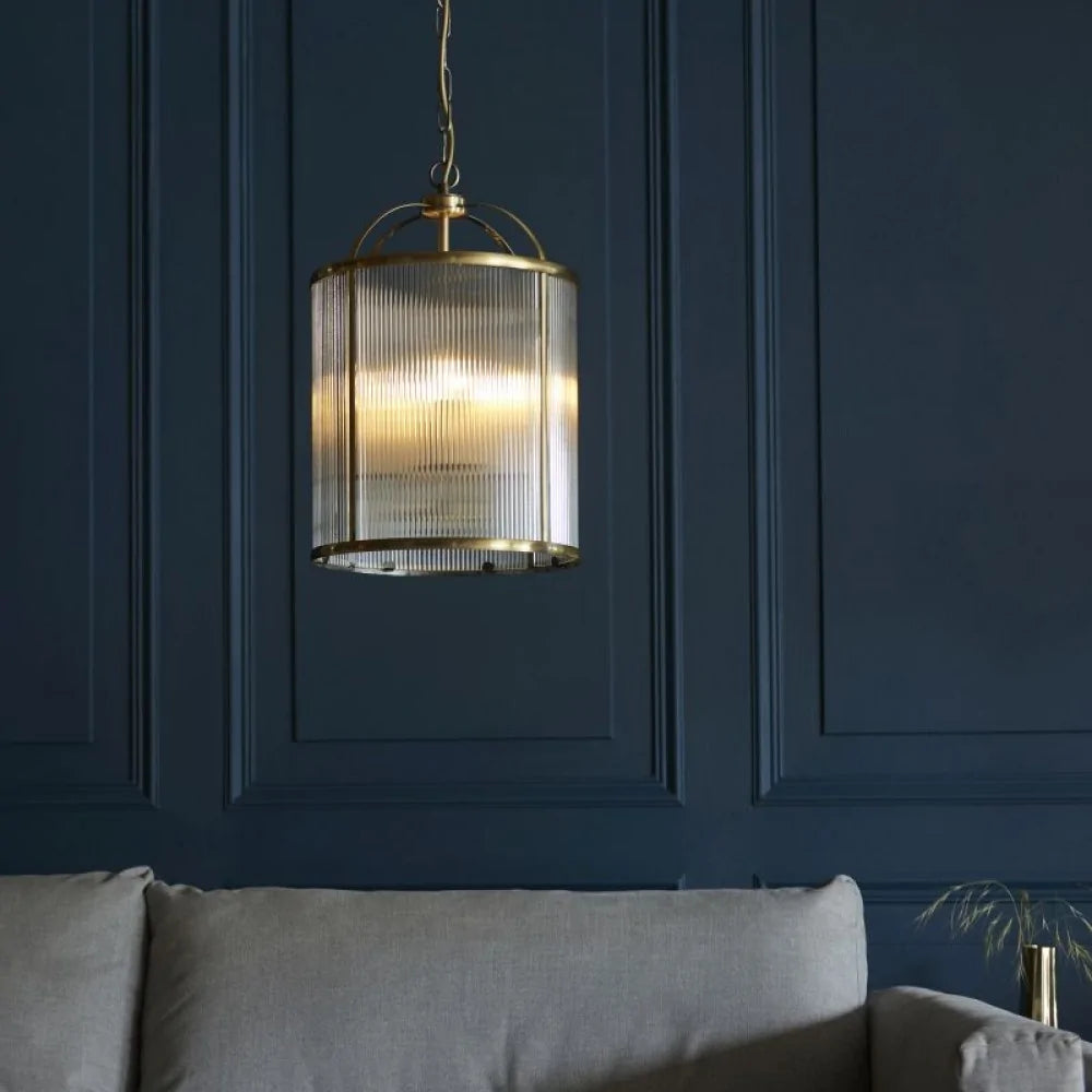 Oscar 2/4Lt Centre Ceiling Lantern - Antique Brass with Ribbed Glass
