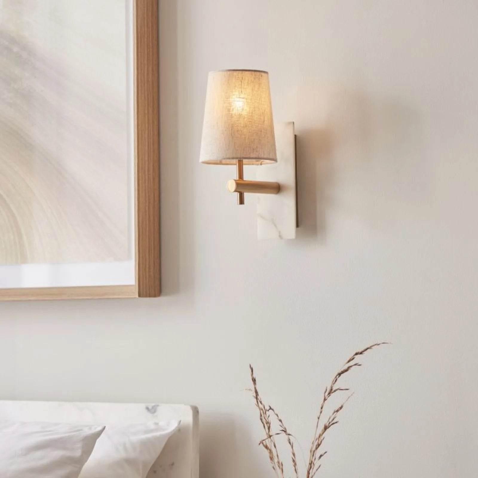 Laurent Vintage Brass & White Marble Wall Lamp with Linen Shade- Straight Base Finish