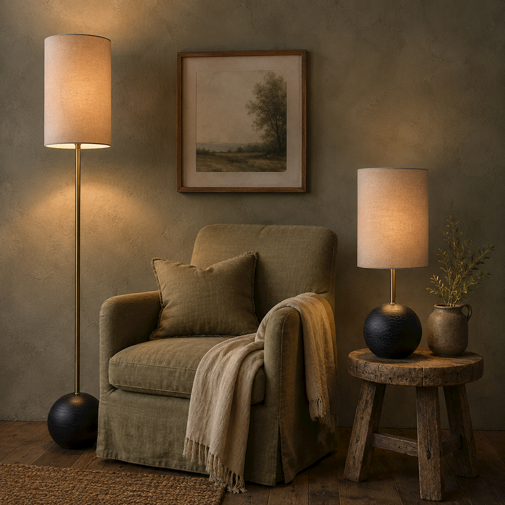 Ball Table Lamp- Black w Oatmeal Shade