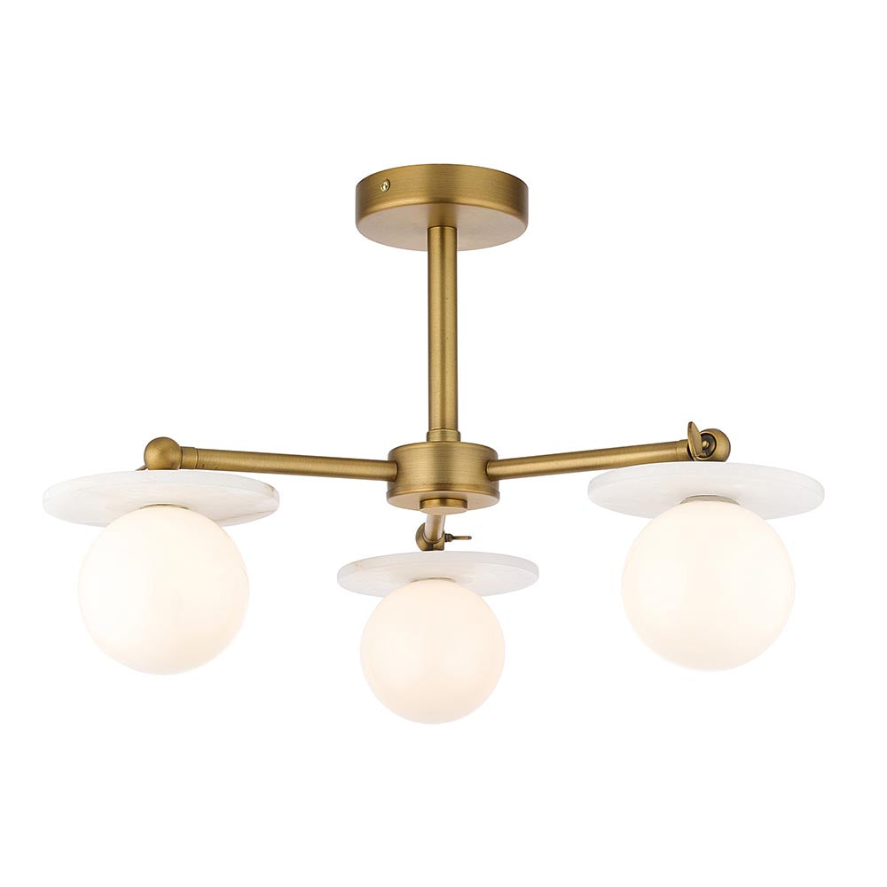 Kairo 3/5lt Semi Flush Ceiling Light - Antique Brass w Alabaster Finish
