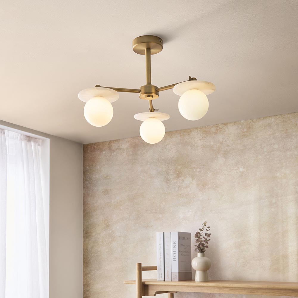 Kairo 3/5lt Semi Flush Ceiling Light - Antique Brass w Alabaster Finish