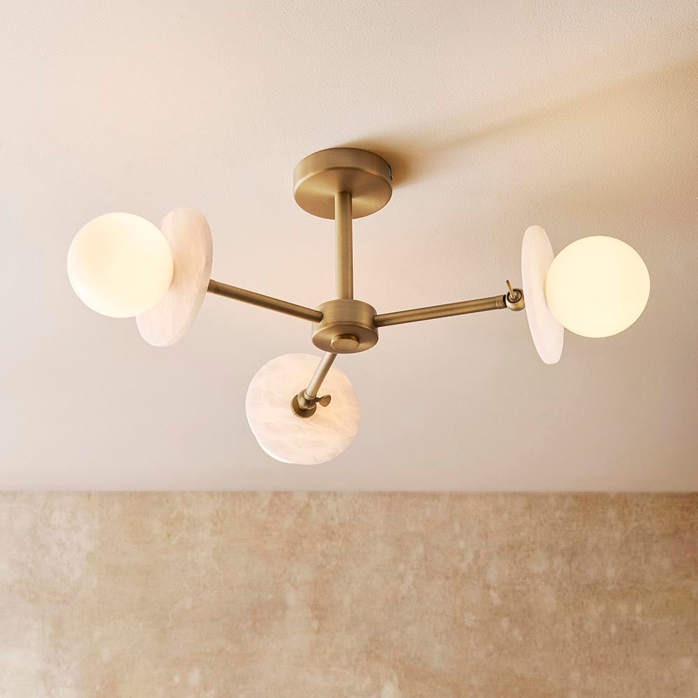 Kairo 3/5lt Semi Flush Ceiling Light - Antique Brass w Alabaster Finish