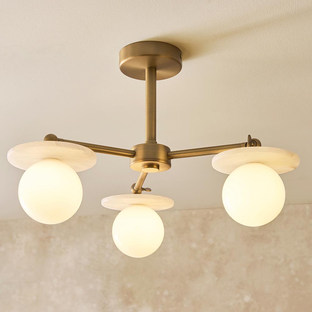 Kairo 3/5lt Semi Flush Ceiling Light - Antique Brass w Alabaster Finish