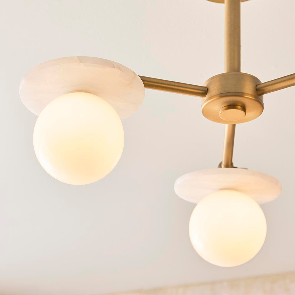 Kairo 3/5lt Semi Flush Ceiling Light - Antique Brass w Alabaster Finish