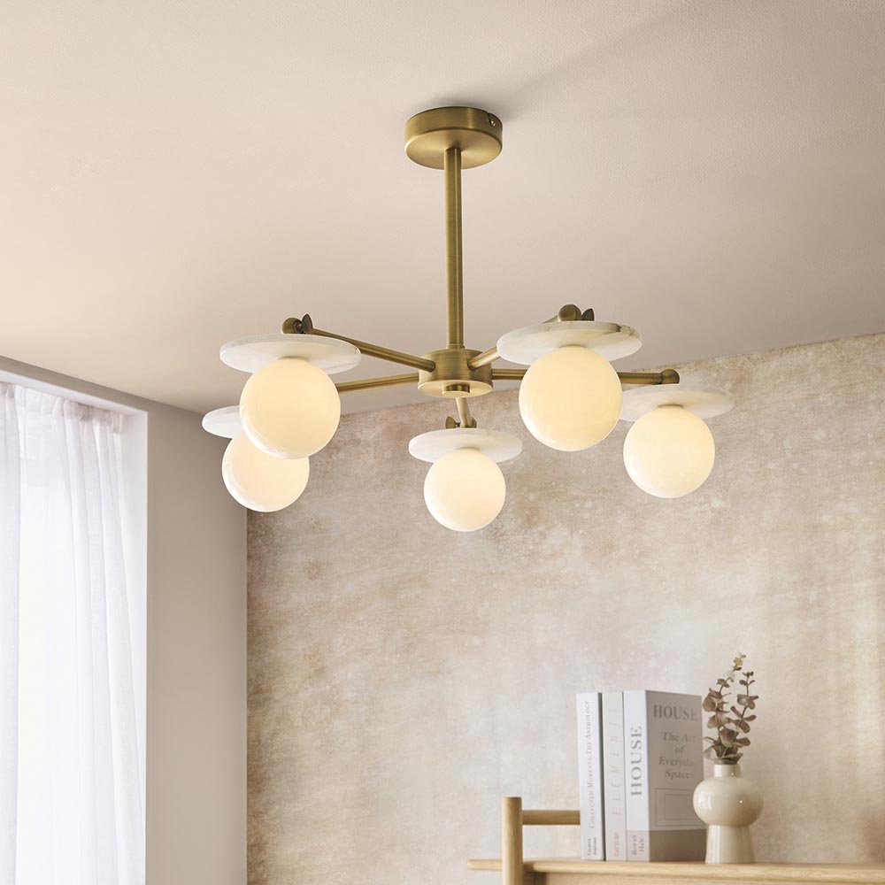 Kairo 3/5lt Semi Flush Ceiling Light - Antique Brass w Alabaster Finish