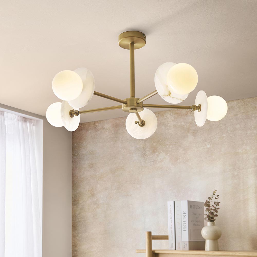 Kairo 3/5lt Semi Flush Ceiling Light - Antique Brass w Alabaster Finish