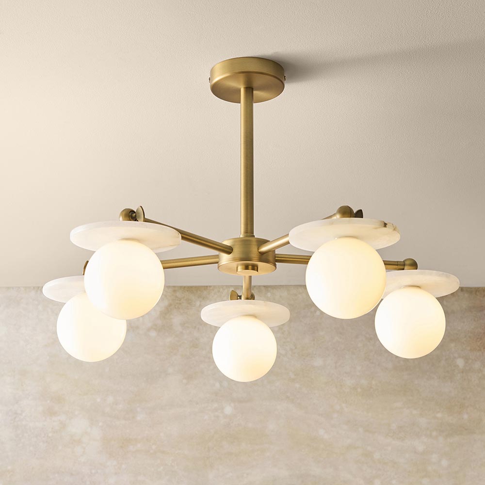 Kairo 3/5lt Semi Flush Ceiling Light - Antique Brass w Alabaster Finish