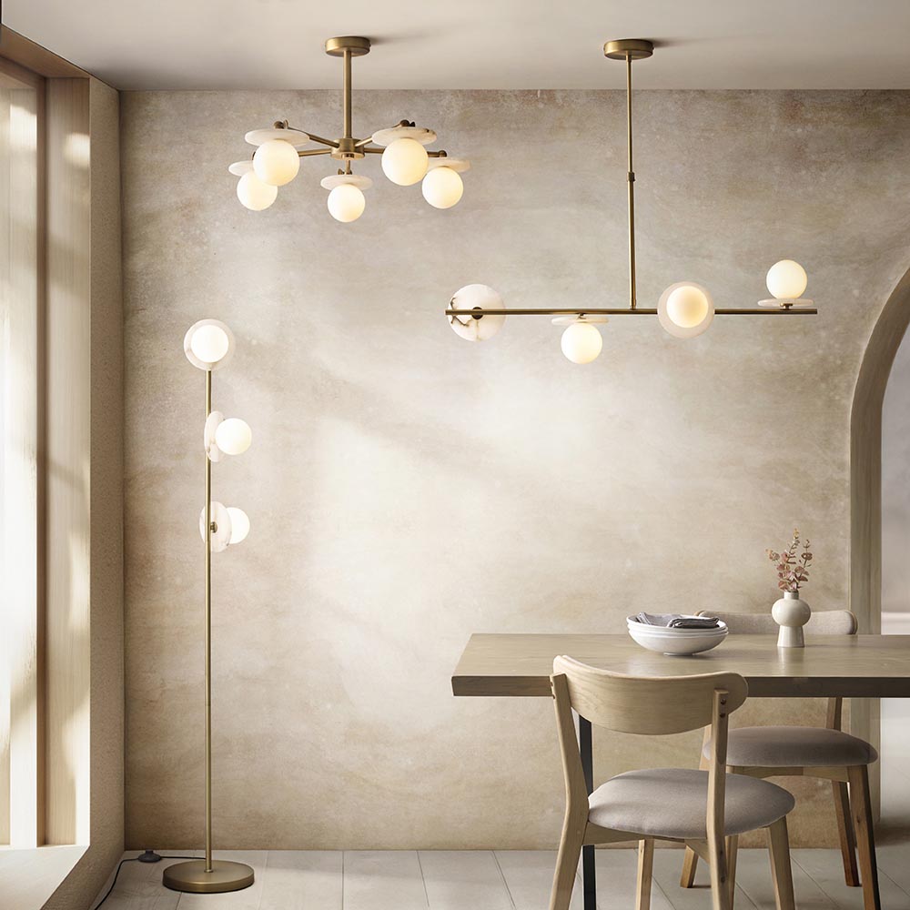 Kairo 3/5lt Semi Flush Ceiling Light - Antique Brass w Alabaster Finish