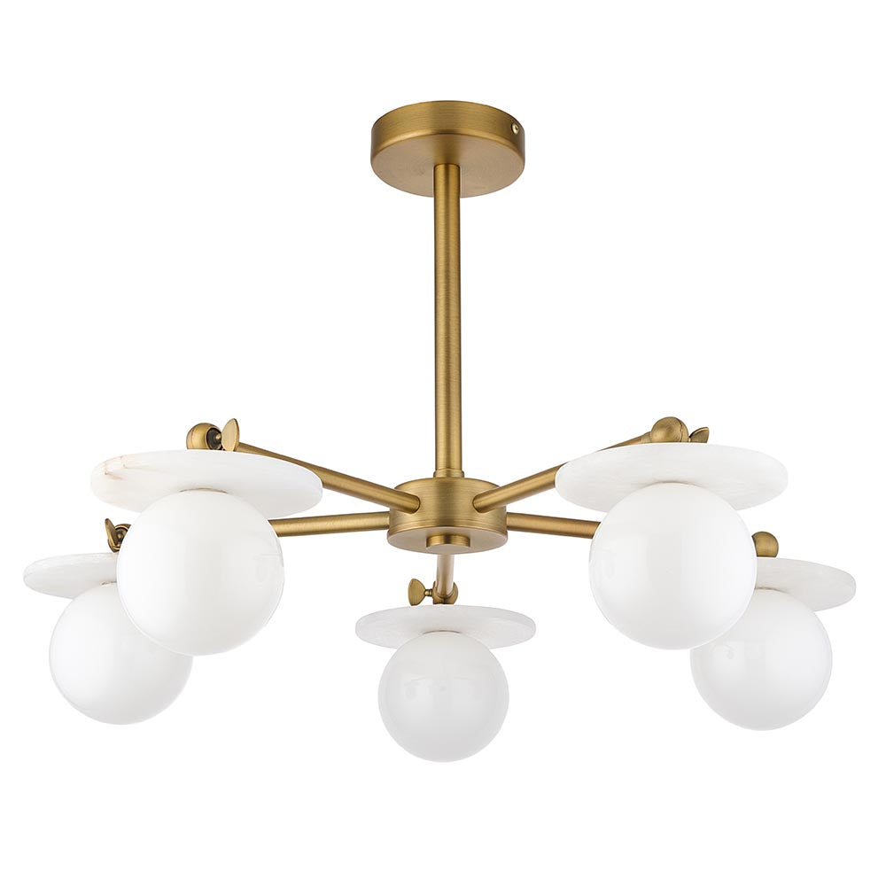 Kairo 3/5lt Semi Flush Ceiling Light - Antique Brass w Alabaster Finish