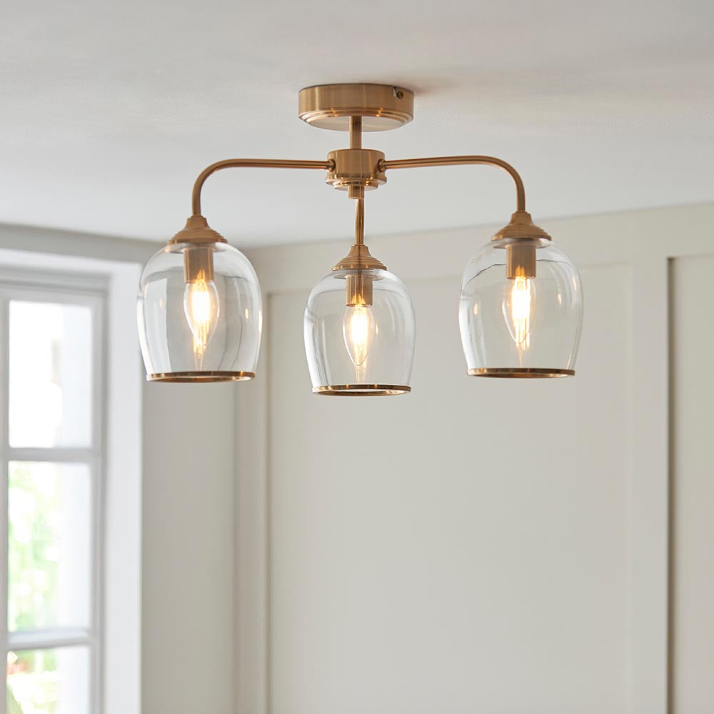 Ashcroft 3Lt Semi Flush Ceiling Light - Clear/Ribbed Glass Finishes