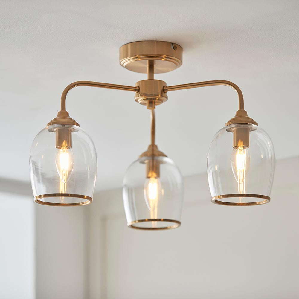 Ashcroft 3Lt Semi Flush Ceiling Light - Clear/Ribbed Glass Finishes