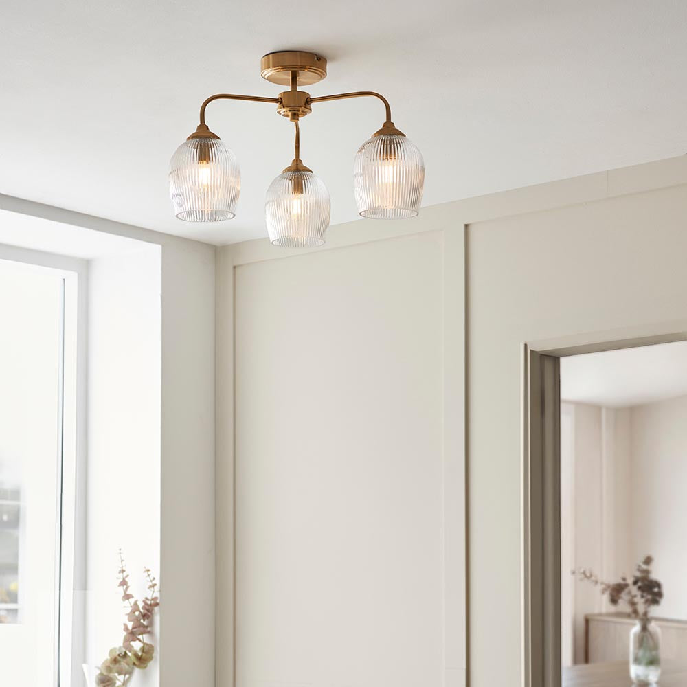 Ashcroft 3Lt Semi Flush Ceiling Light - Clear/Ribbed Glass Finishes