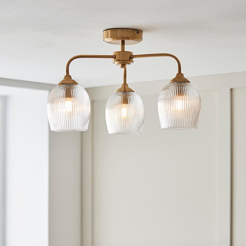 Ashcroft 3Lt Semi Flush Ceiling Light - Clear/Ribbed Glass Finishes