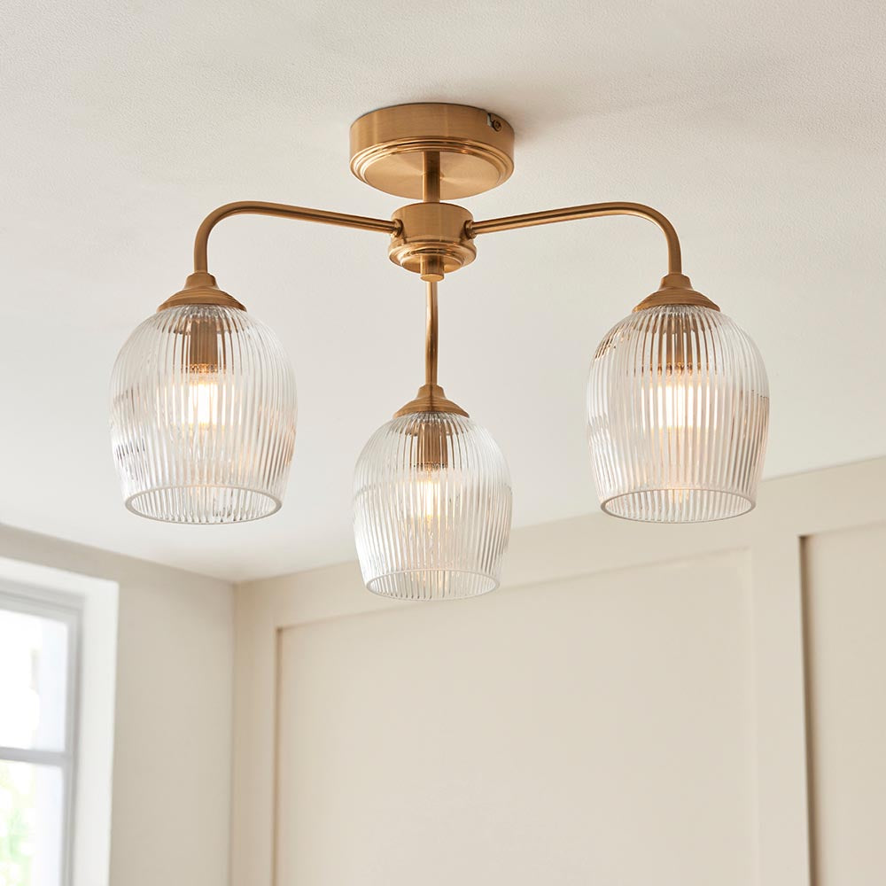 Ashcroft 3Lt Semi Flush Ceiling Light - Clear/Ribbed Glass Finishes