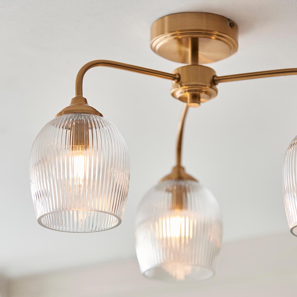 Ashcroft 3Lt Semi Flush Ceiling Light - Clear/Ribbed Glass Finishes