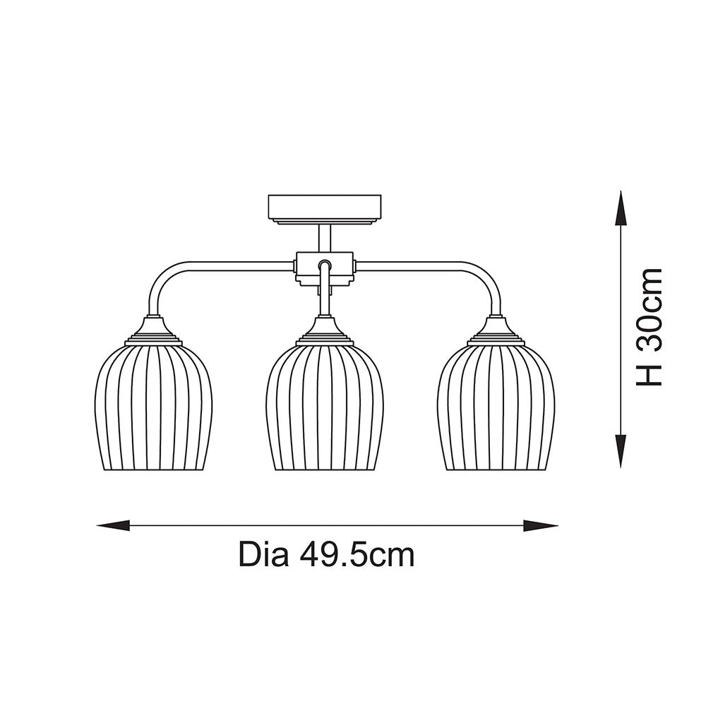 Ashcroft 3Lt Semi Flush Ceiling Light - Clear/Ribbed Glass Finishes