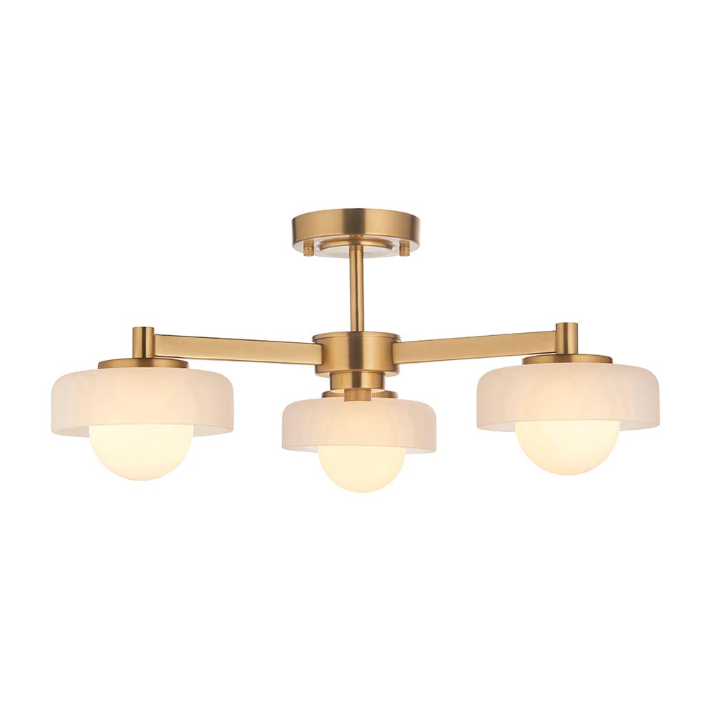 Boss 3lt Semi Flush Ceiling Light- Brushed Aged Brass w Opal Shades