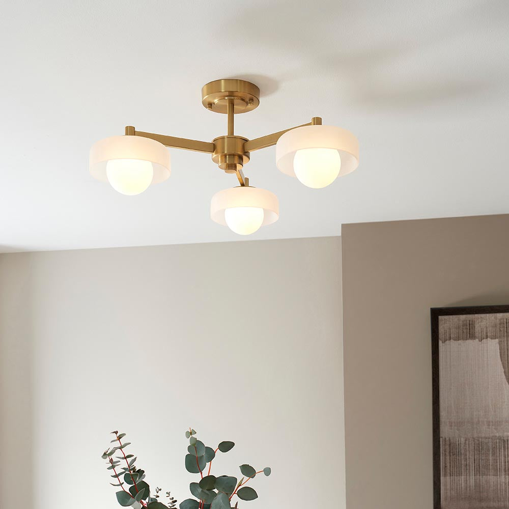 Boss 3lt Semi Flush Ceiling Light- Brushed Aged Brass w Opal Shades