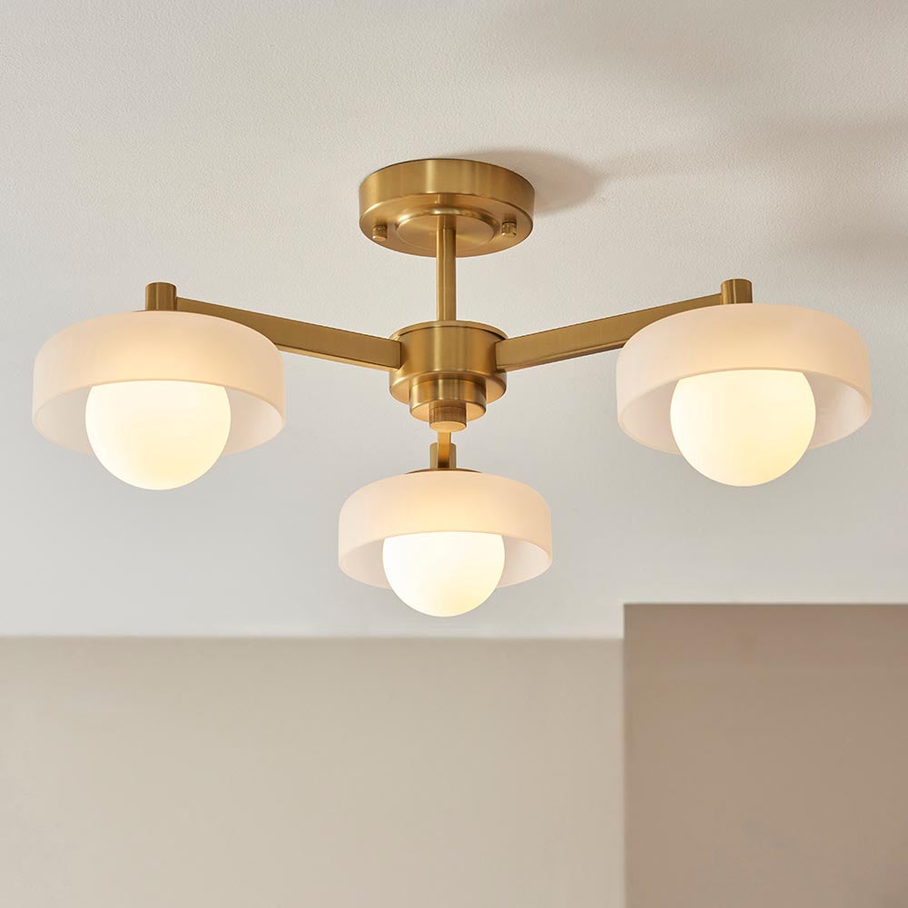 Boss 3lt Semi Flush Ceiling Light- Brushed Aged Brass w Opal Shades