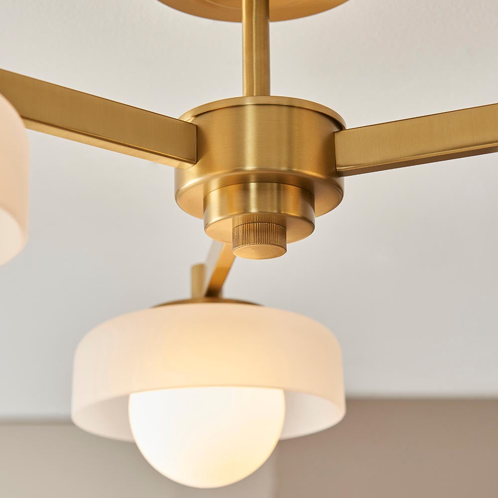 Boss 3lt Semi Flush Ceiling Light- Brushed Aged Brass w Opal Shades
