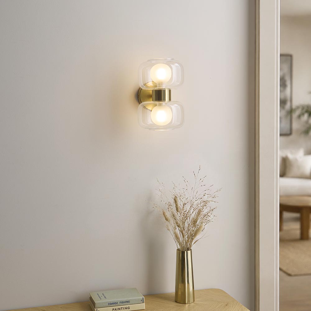 Roseo 2lt Wall Light- Warm Brass with Clear & Opal Glass Finishes