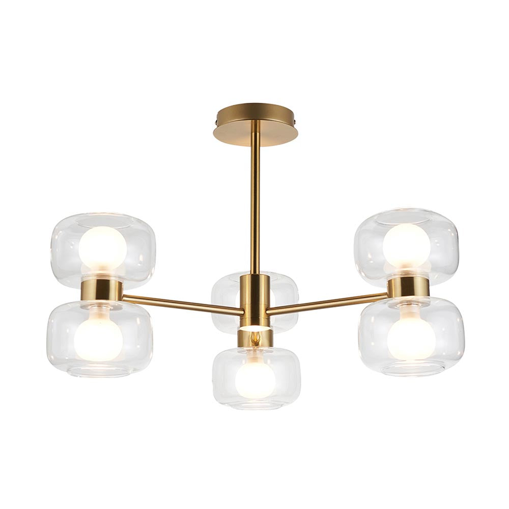 Roseo 6lt Semi Flush Ceiling Light- Warm Brass with Opal & Clear Glass Finishes