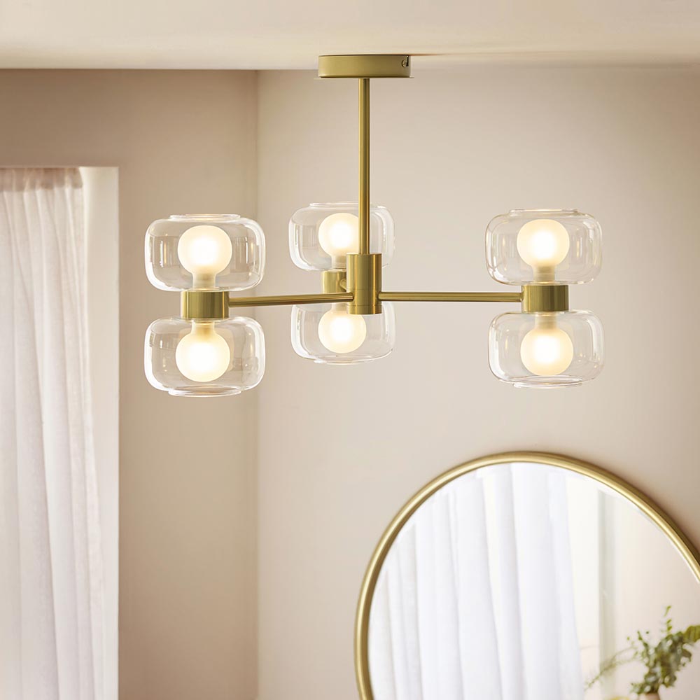 Roseo 6lt Semi Flush Ceiling Light- Warm Brass with Opal & Clear Glass Finishes
