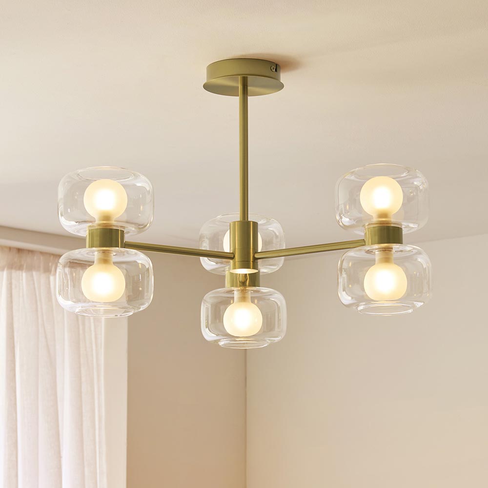 Roseo 6lt Semi Flush Ceiling Light- Warm Brass with Opal & Clear Glass Finishes