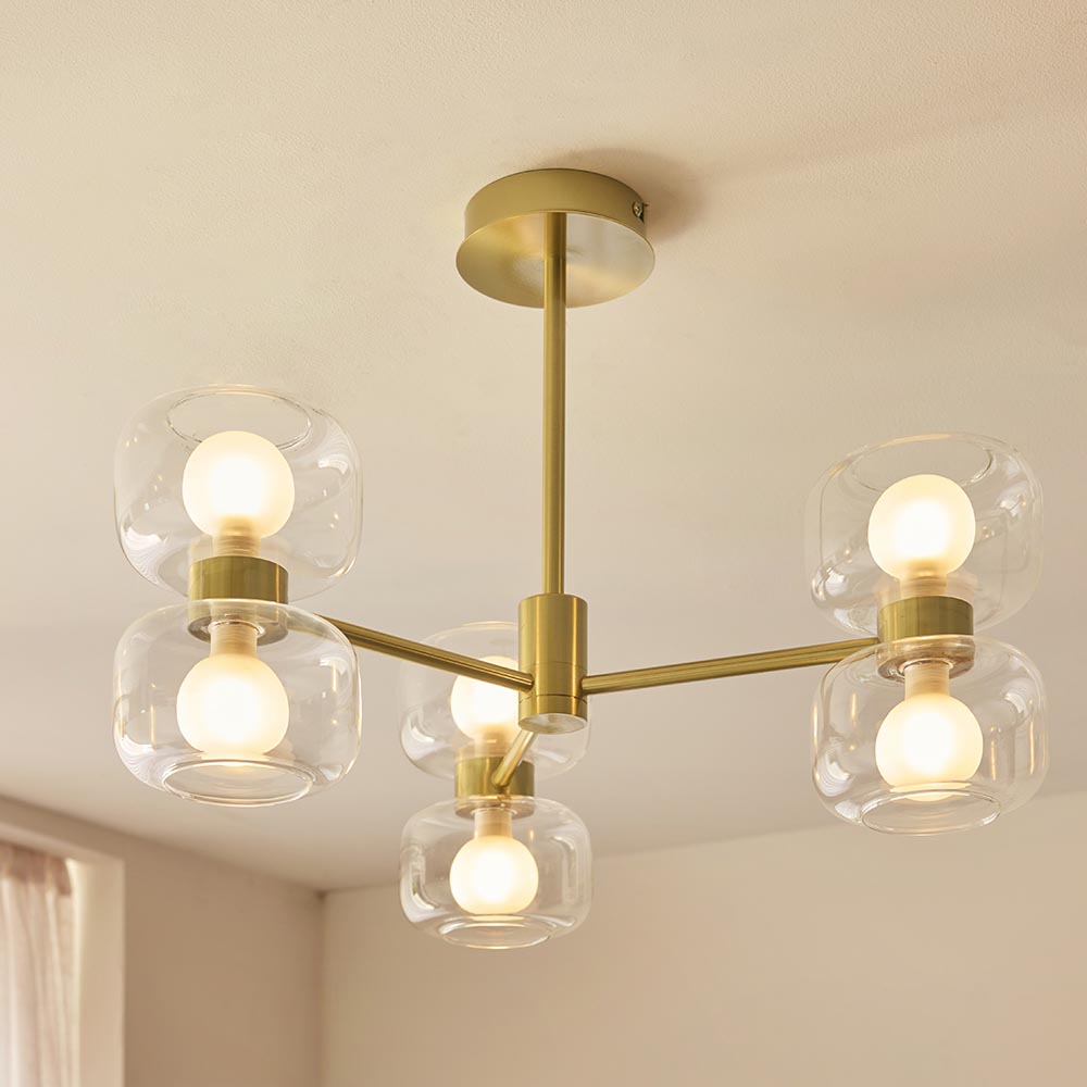 Roseo 6lt Semi Flush Ceiling Light- Warm Brass with Opal & Clear Glass Finishes