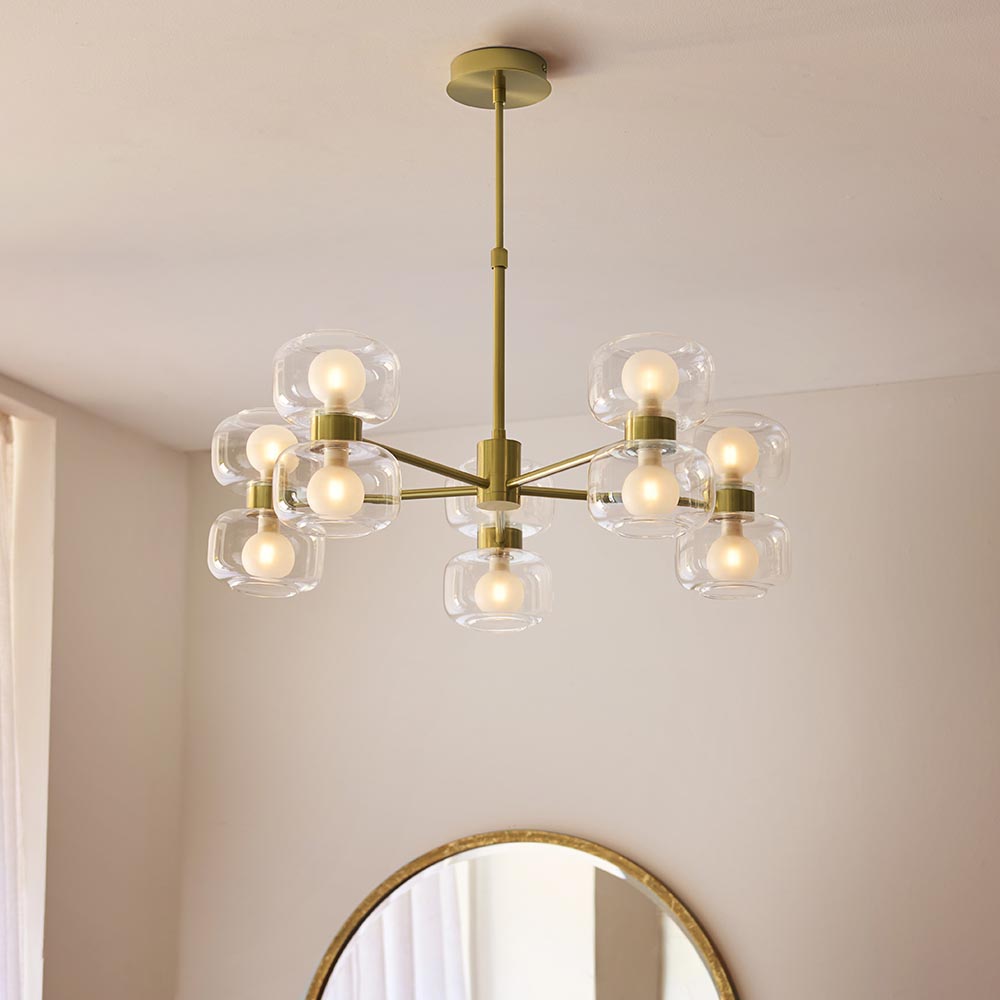 Roseo 10Lt Chandelier- Warm Brass with Clear & Opal Glass Finishes
