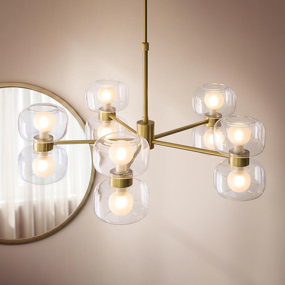 Roseo 10Lt Chandelier- Warm Brass with Clear & Opal Glass Finishes