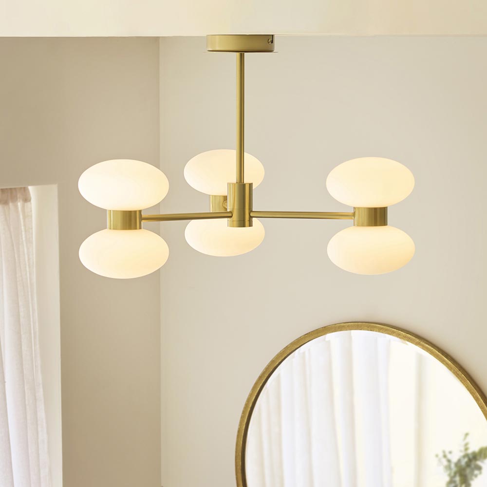Roseo 6lt Semi Flush Ceiling Light- Warm Brass with Opal & Clear Glass Finishes