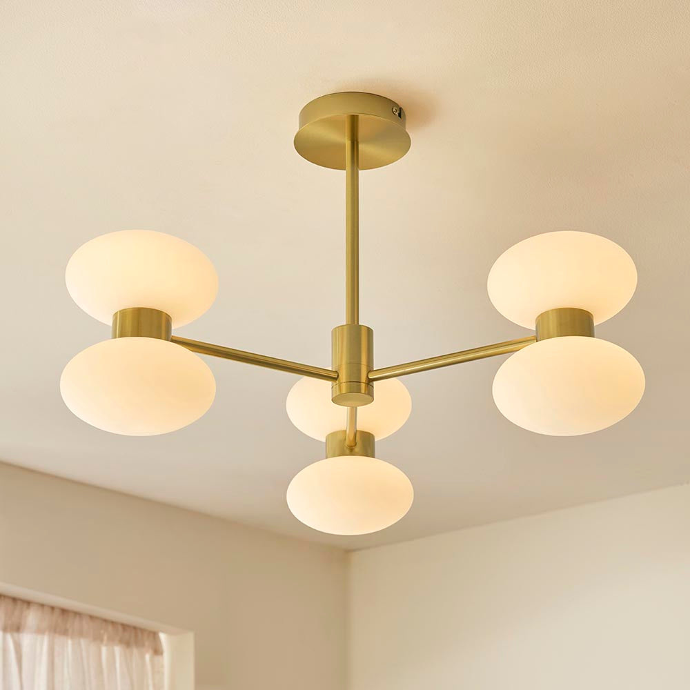 Roseo 6lt Semi Flush Ceiling Light- Warm Brass with Opal & Clear Glass Finishes