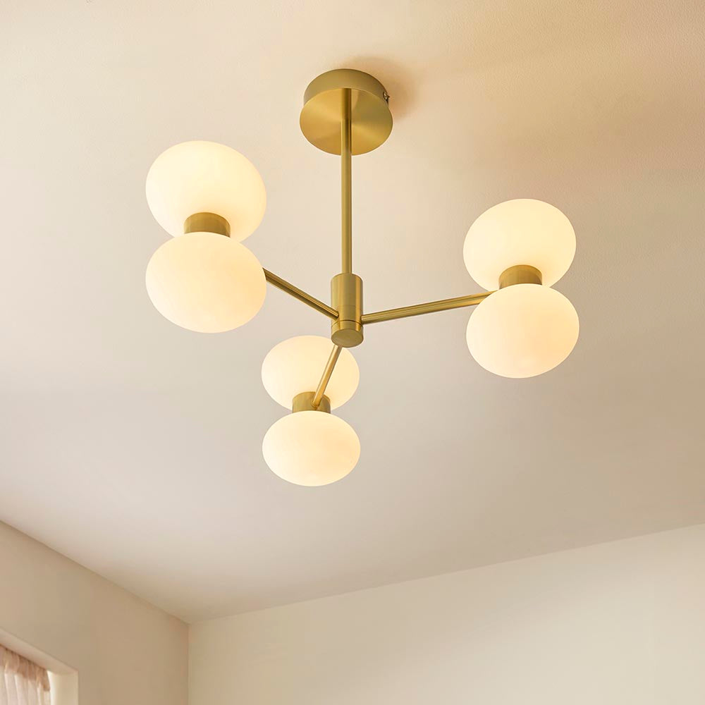 Roseo 6lt Semi Flush Ceiling Light- Warm Brass with Opal & Clear Glass Finishes