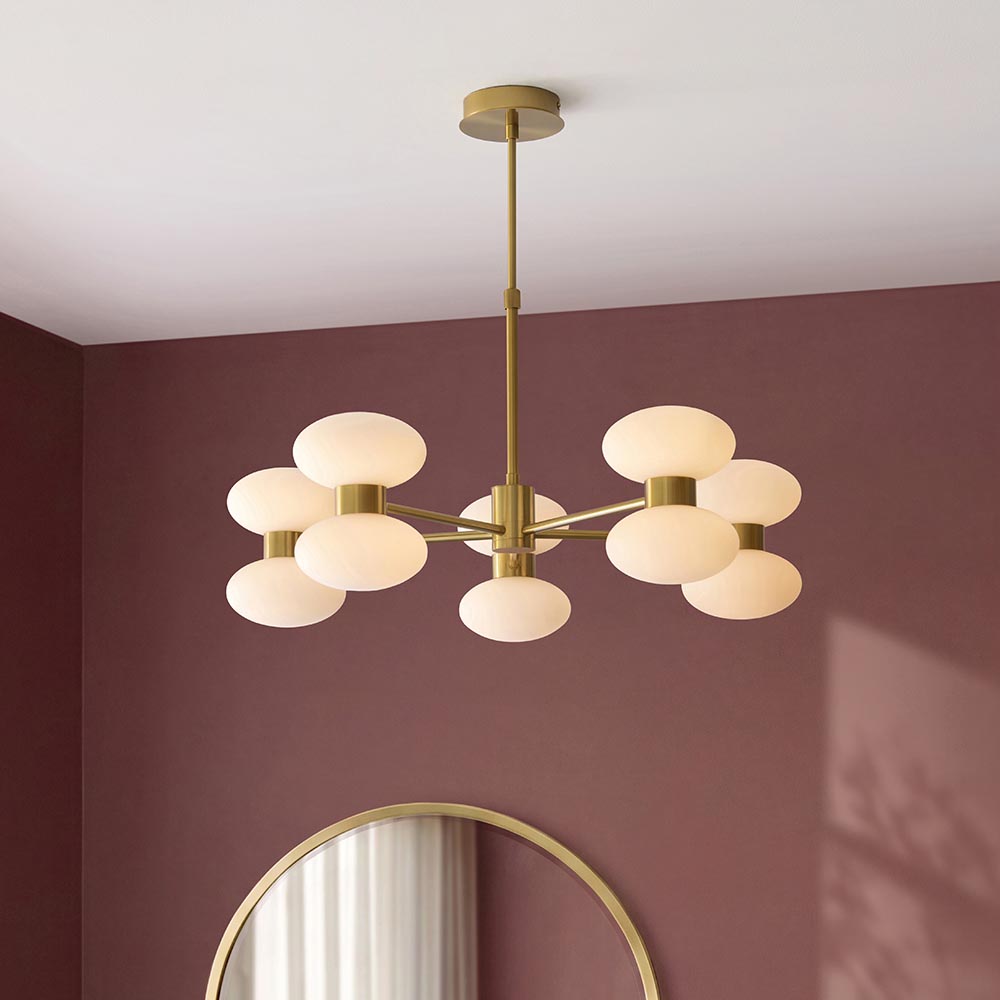 Roseo 10Lt Chandelier- Warm Brass with Clear & Opal Glass Finishes