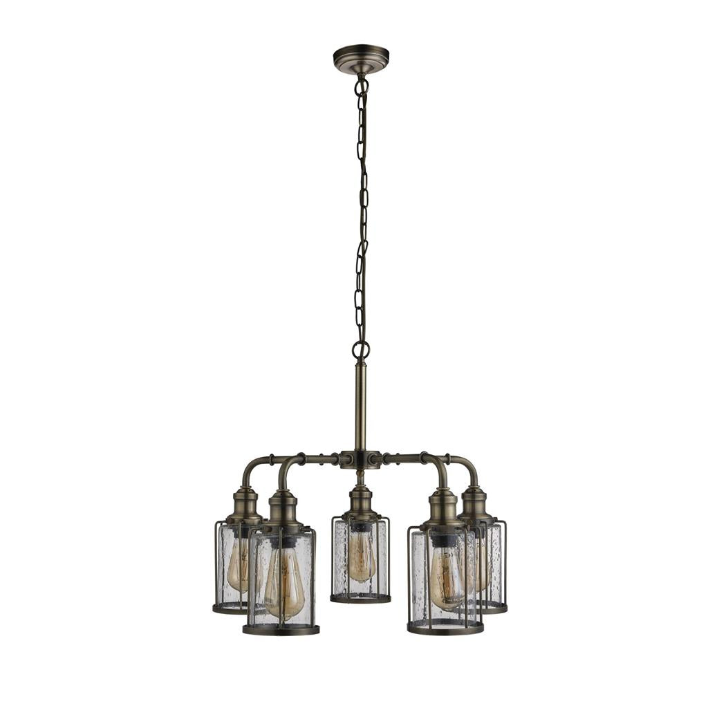 Pipes  5Lt Multi-Arm Pendant - Antique Brass Metal & Seeded Glass