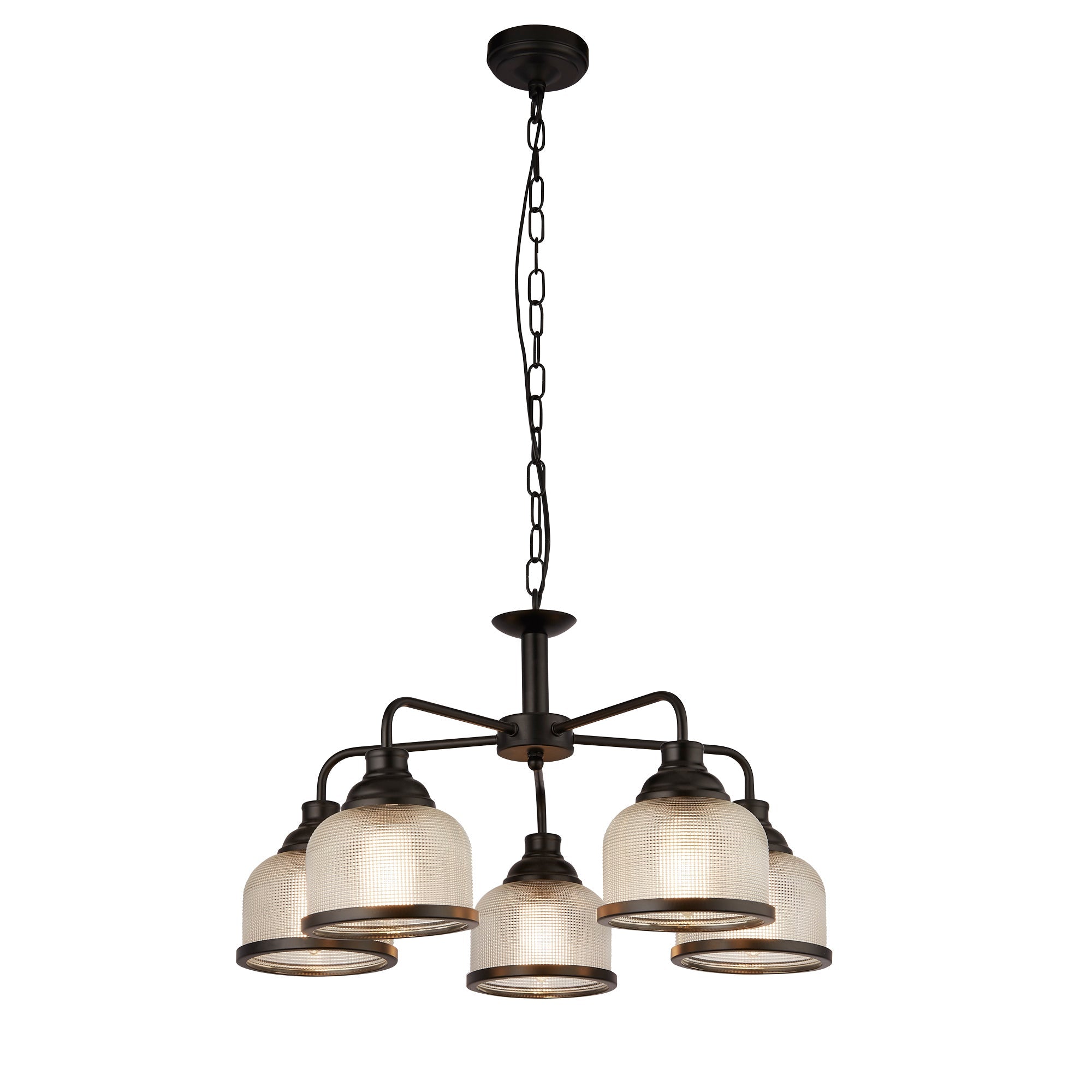 Highworth 3/5Lt Multi-Arm Pendant - Black Metal & Holophane Style Glass