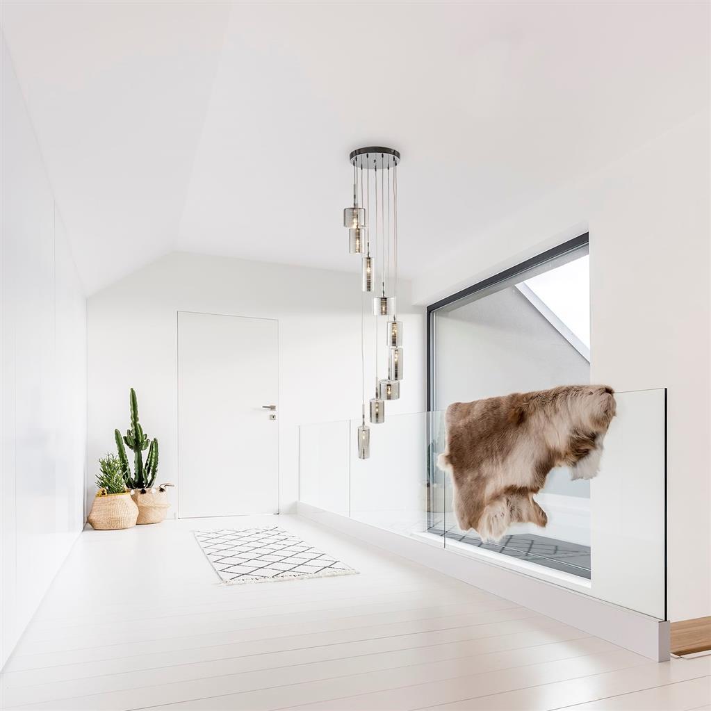 Linen 9Lt Multi-Drop Pendant - Chrome Metal & Smoked Glass G4