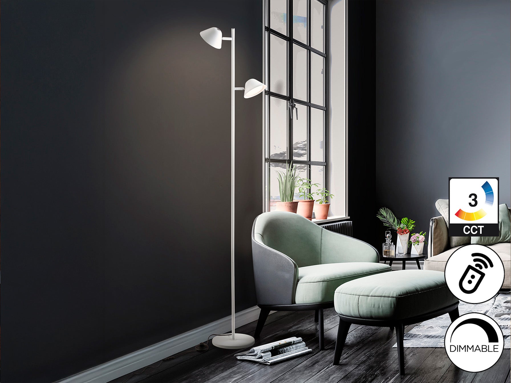 Taros 2Lt Floor Lamp- Black/ White Finish
