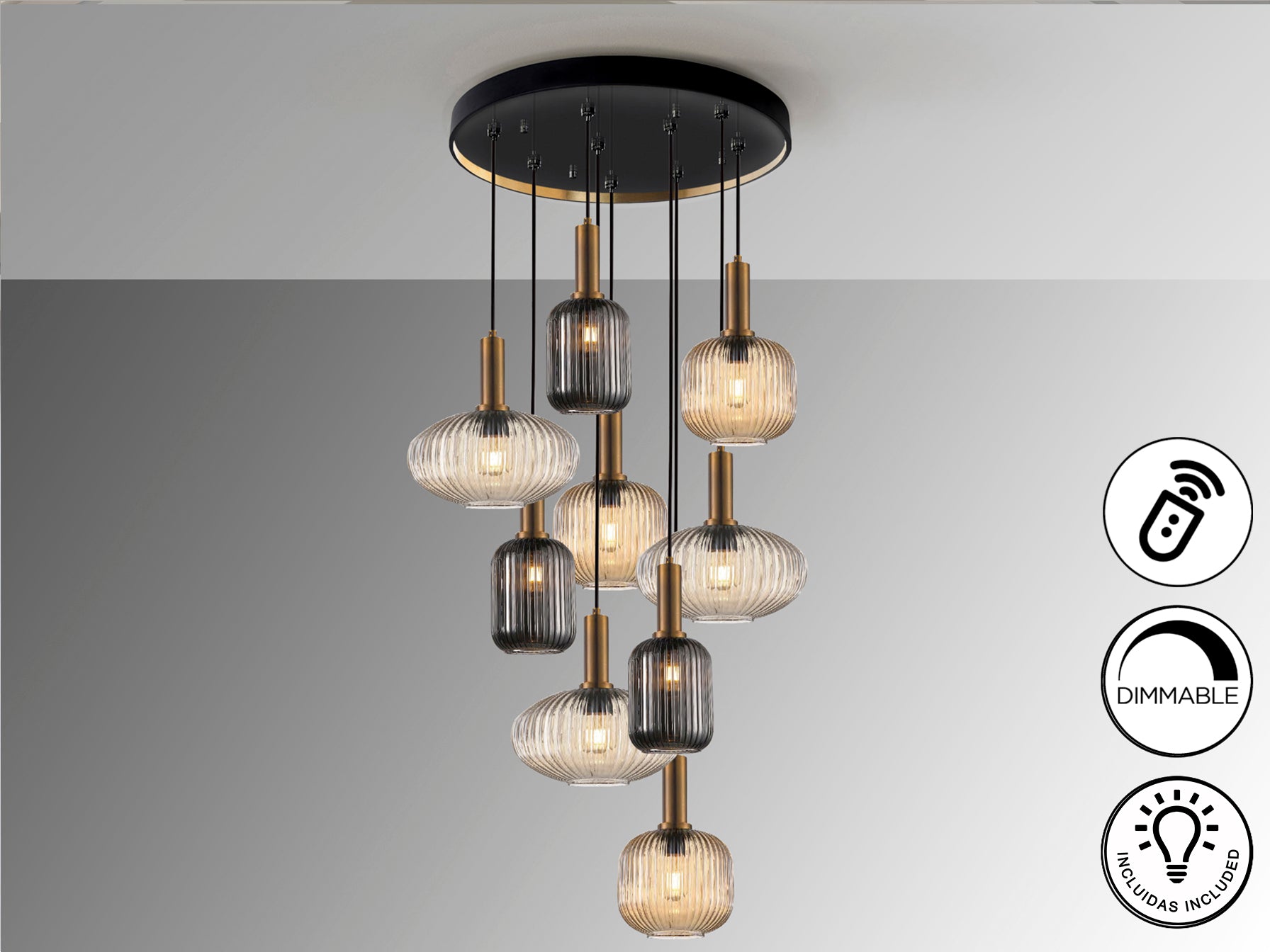 Norma  9Lt Ceiling Light- Black/ Brass