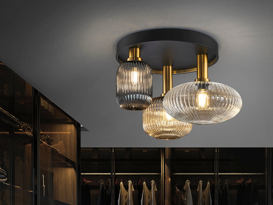 Norma 3Lt Flush Ceiling Lamp-  Black/Brass