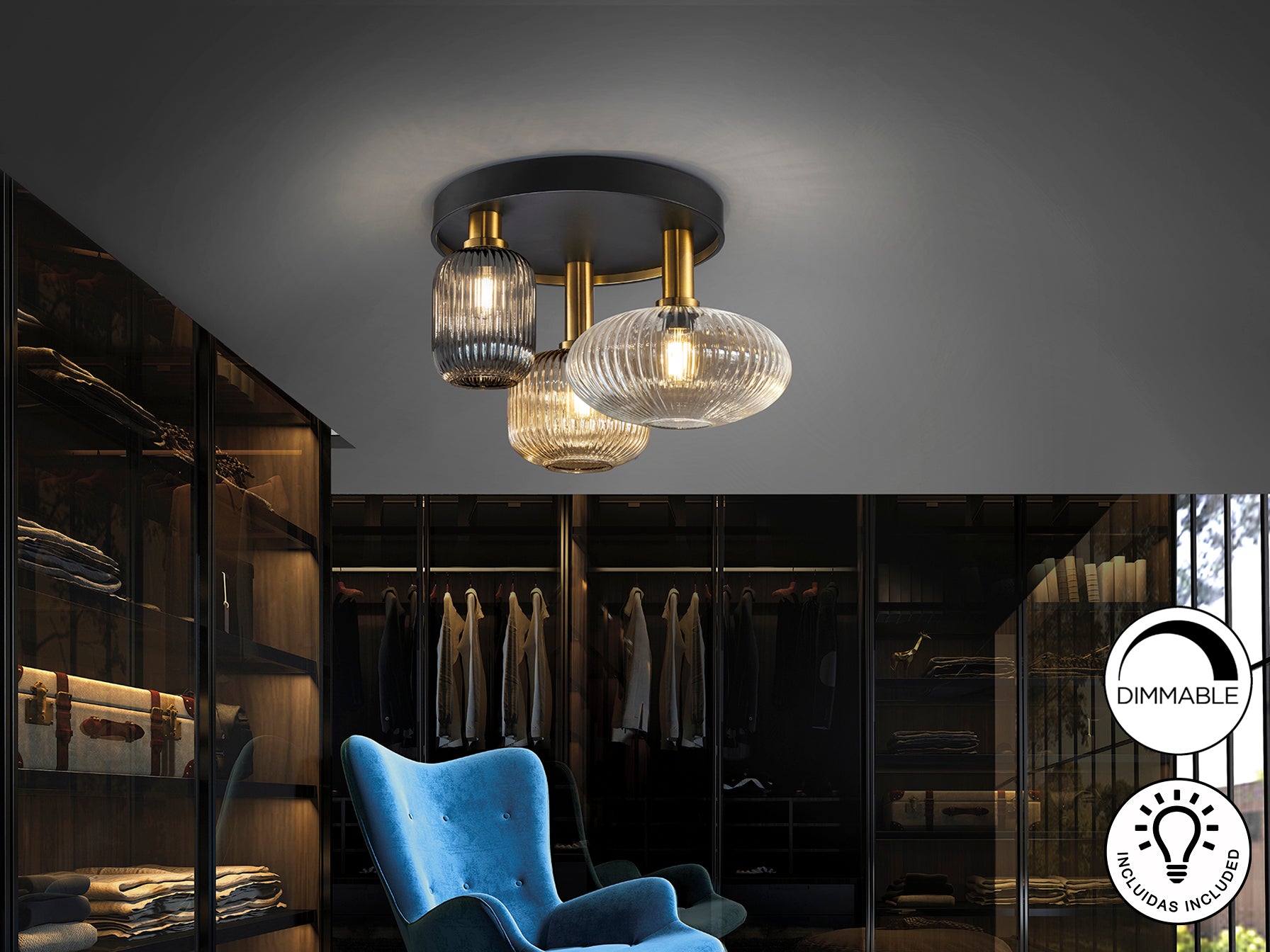 Norma 3Lt Flush Ceiling Lamp-  Black/Brass