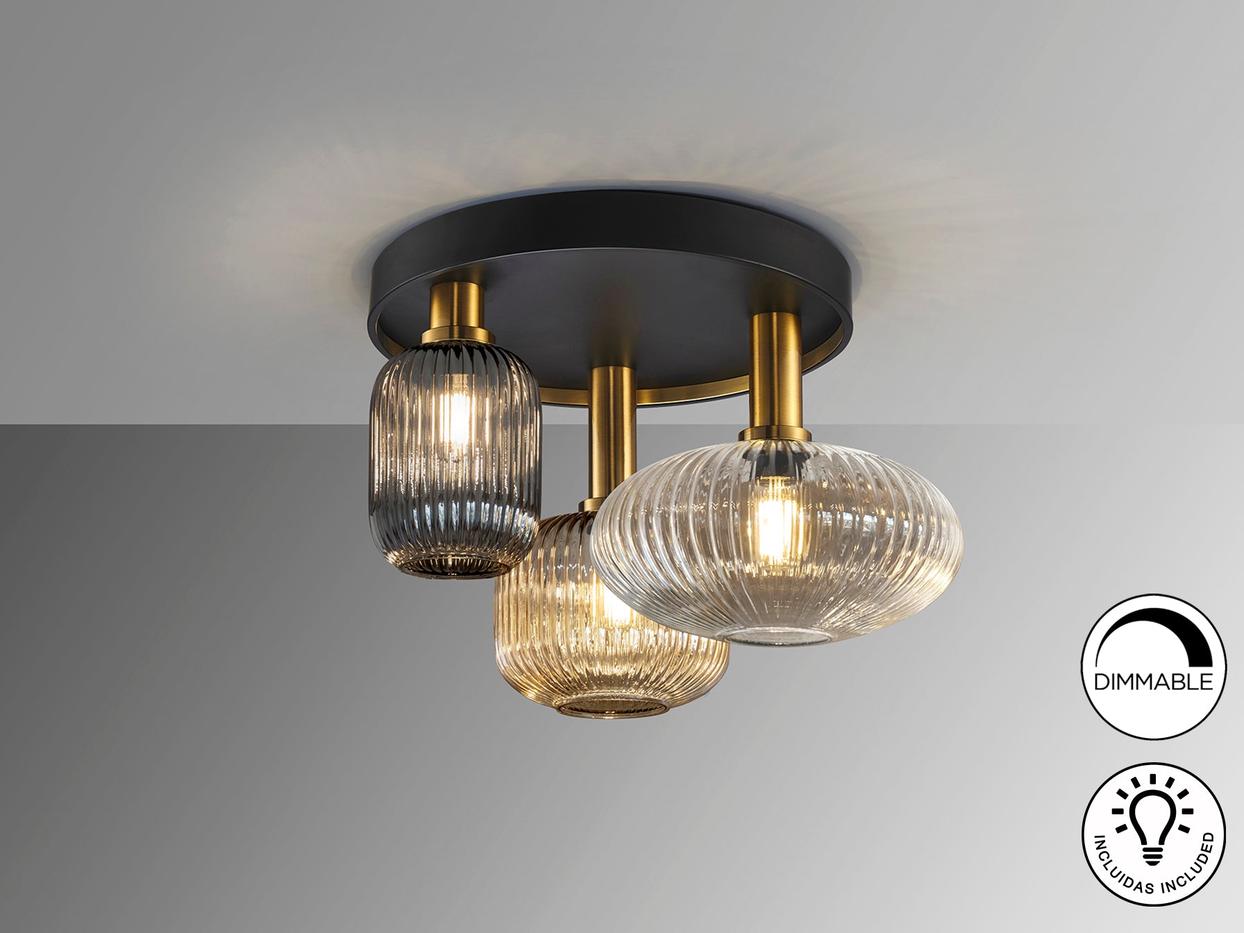 Norma 3Lt Flush Ceiling Lamp-  Black/Brass