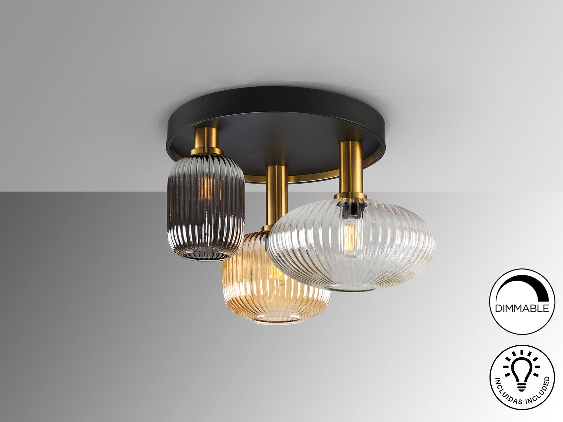 Norma 3Lt Flush Ceiling Lamp-  Black/Brass