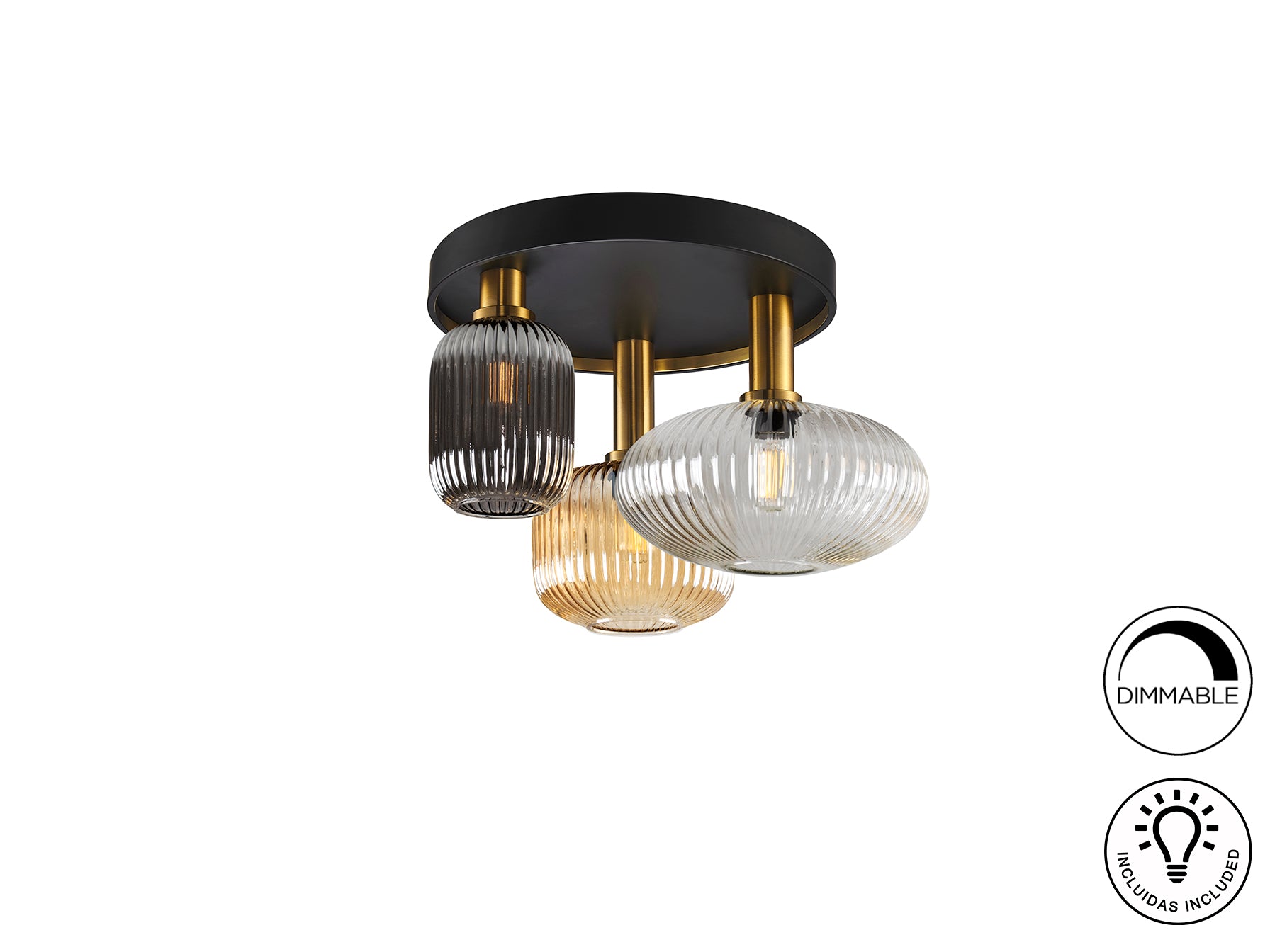 Norma 3Lt Flush Ceiling Lamp-  Black/Brass